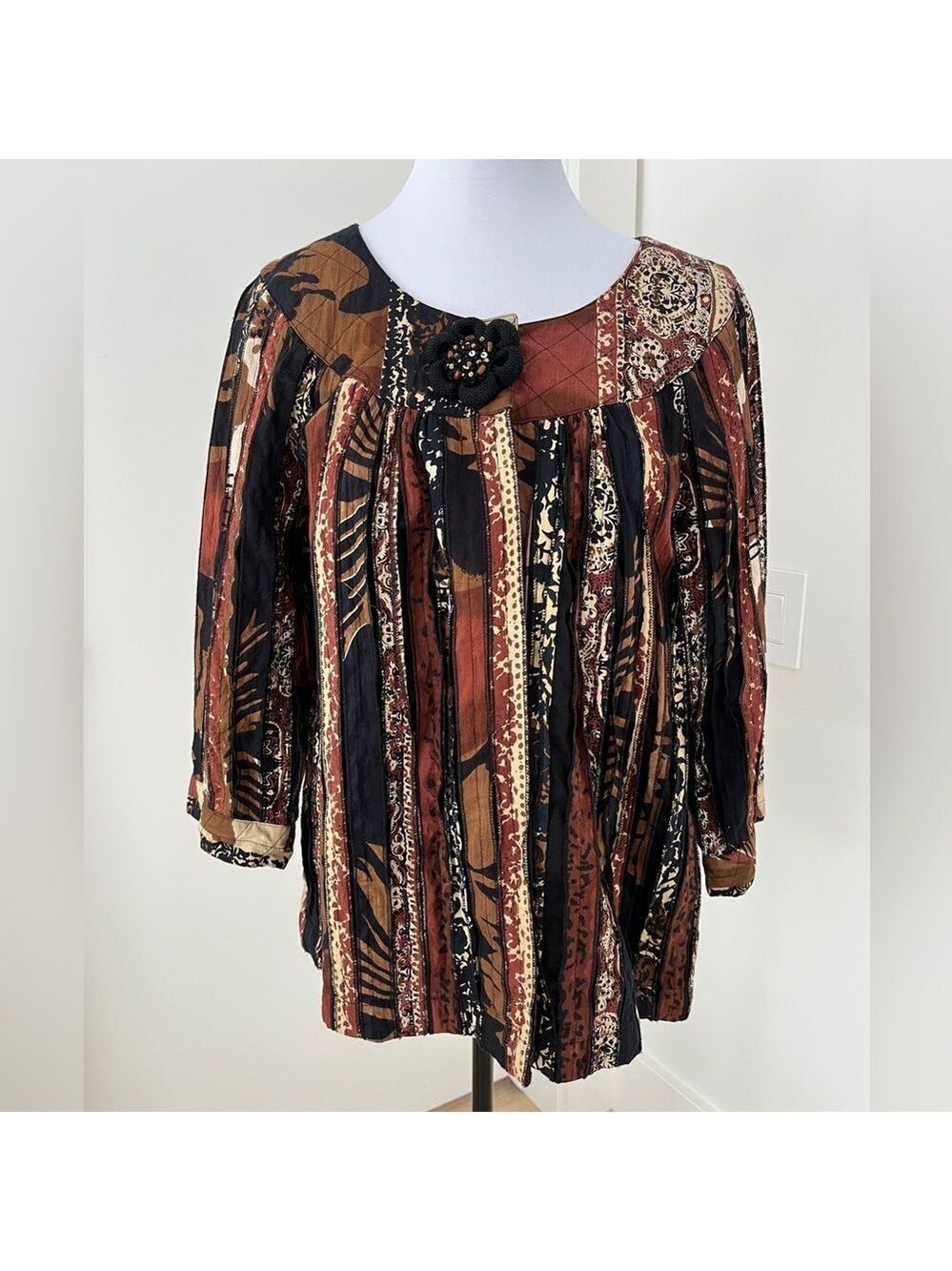 KERRYBROOKE Jacket 100% Cotton Round Neck Unique Patchwork Strips Boho Artsy